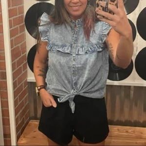 Denim ruffle sleeve blouse